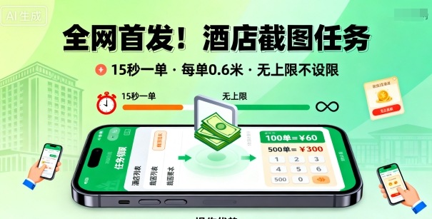 全网首发!酒店截图任务,15秒一单,每单0.6米,任务无上限不设限,矩阵操作单日3张到手【揭秘】-搞薯条网