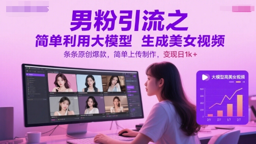 男粉引流之简单利用大模型生成美女视频，条条原创爆款，简单上传制作，变现日1k+ - 搞薯条网-搞薯条网