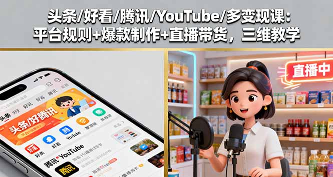 头条/好看/腾讯/YouTube/多变现课：平台规则+爆款制作+直播带货，三维教学 - 搞薯条网-搞薯条网
