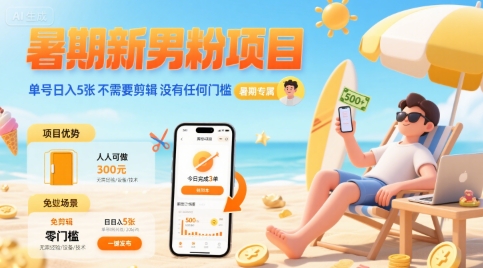 暑期新男粉项目 单号日入5张 不需要剪辑 没有任何门槛 - 搞薯条网-搞薯条网
