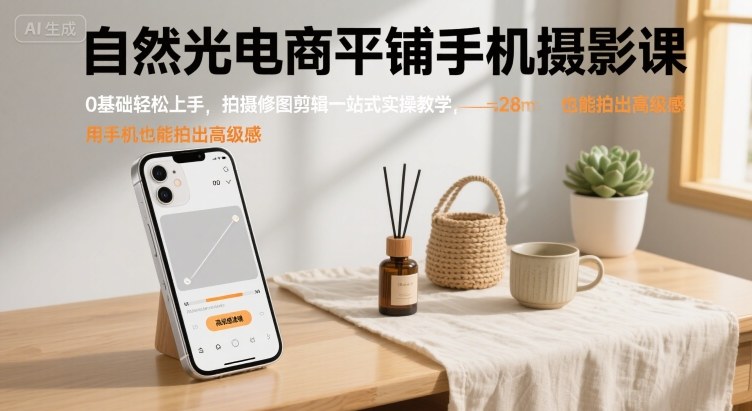 自然光电商平铺手机摄影课，0基础轻松上手，拍摄修图剪辑一站式实操教学，用手机也能拍出高级感 - 搞薯条网-搞薯条网