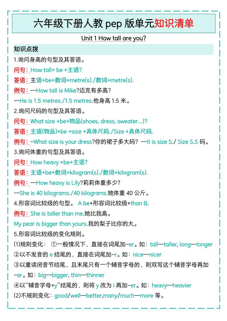 六下英语人教pep版单元知识清单 - 搞薯条网-搞薯条网
