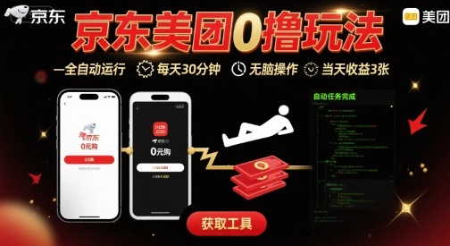 京东美团平台最新0撸玩法，全自动挂G，每天30分钟，无脑操作，当天收益3张【揭秘】 - 搞薯条网-搞薯条网