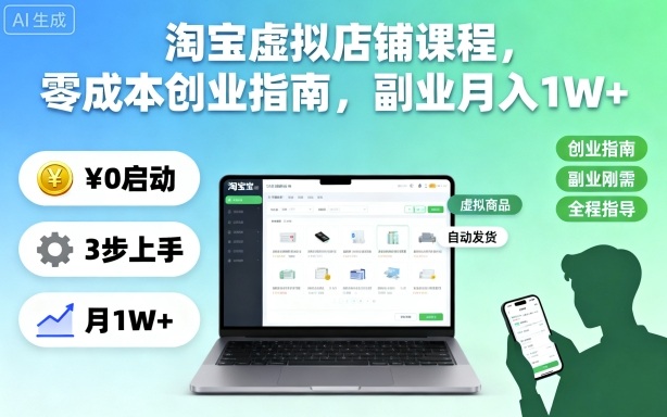 淘宝虚拟店铺课程,零成本创业指南,副业月入1W+-搞薯条网