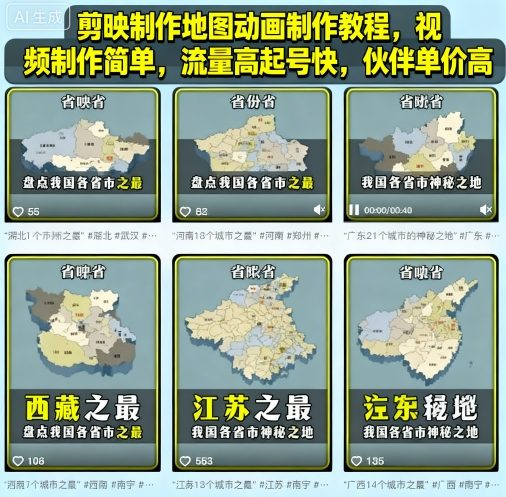 剪映制作地图动画制作教程,视频制作简单,流量高起号快,伙伴单价高-搞薯条网