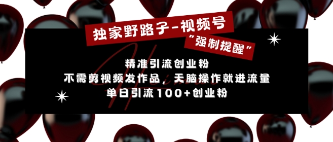 独家野路子利用视频号“强制提醒”，不需剪视频发作品，无脑操作就进流量，单日引流100+创业粉 - 搞薯条网-搞薯条网
