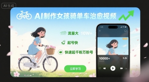 AI制作女孩骑单车治愈视频，流量大，起号快，快速起千粉万粉号 - 搞薯条网-搞薯条网