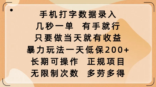 手机打字数据录入，几秒一单，有手就行，只要做当天就有收益，暴力玩法一天低保2张 - 搞薯条网-搞薯条网