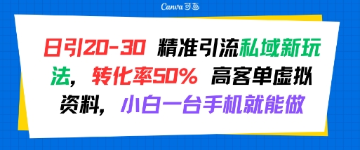 日引 20-30 精准引流私域新玩法，转化率50% 高客单虚拟资料，小白一台手机就能做 - 搞薯条网-搞薯条网