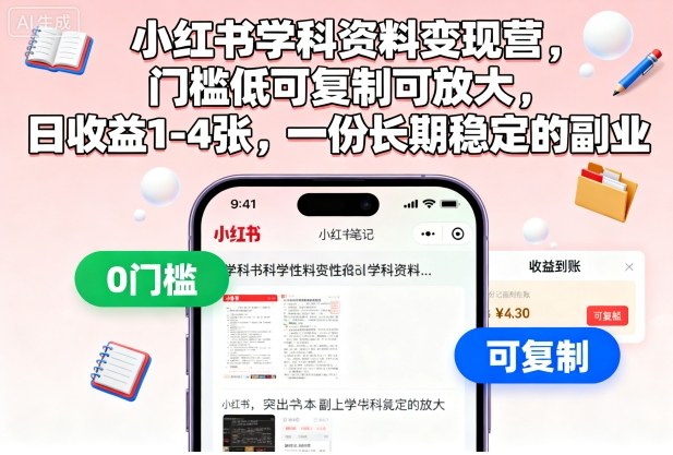 小红书学科资料变现营,门槛低可复制可放大,日收益1-4张,一份长期稳定的副业-搞薯条网
