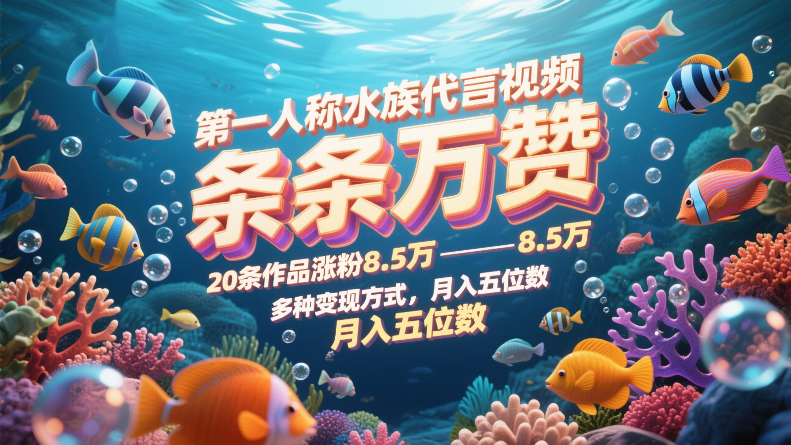 第一人称水族代言视频，条条万赞，20条作品涨粉8.5万，多种变现方式月，入五位数 - 搞薯条网-搞薯条网