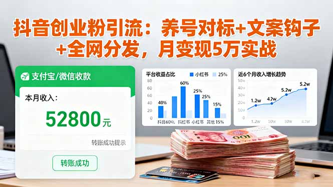 抖音创业粉引流：养号对标+文案钩子+全网分发，月变现5万实战 - 搞薯条网-搞薯条网